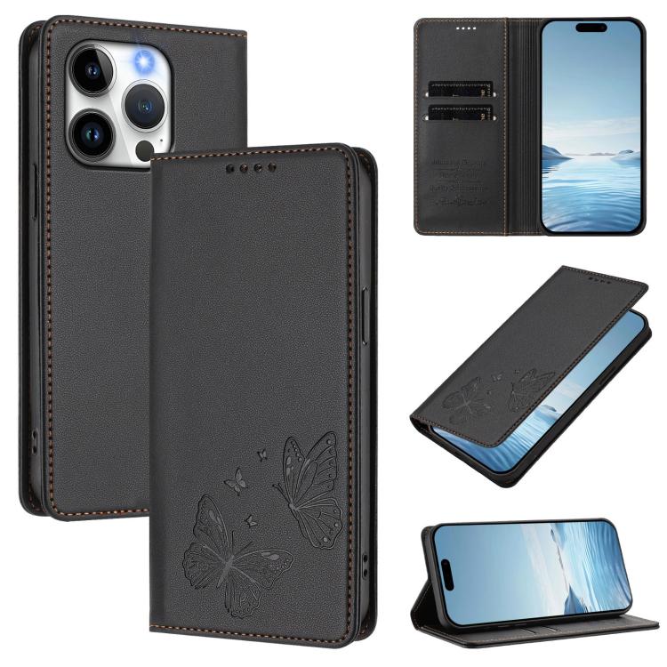 เคสโทรศัพท์หนังวีแกนแม่เหล็กคู่รูปผีเสื้อ RFID แข็งแรง สำหรับ iPhone 16, สำหรับ iPhone 15 Pro Max, สำหรับ iPhone 15 Pro, สำหรับ iPhone 15 Plus