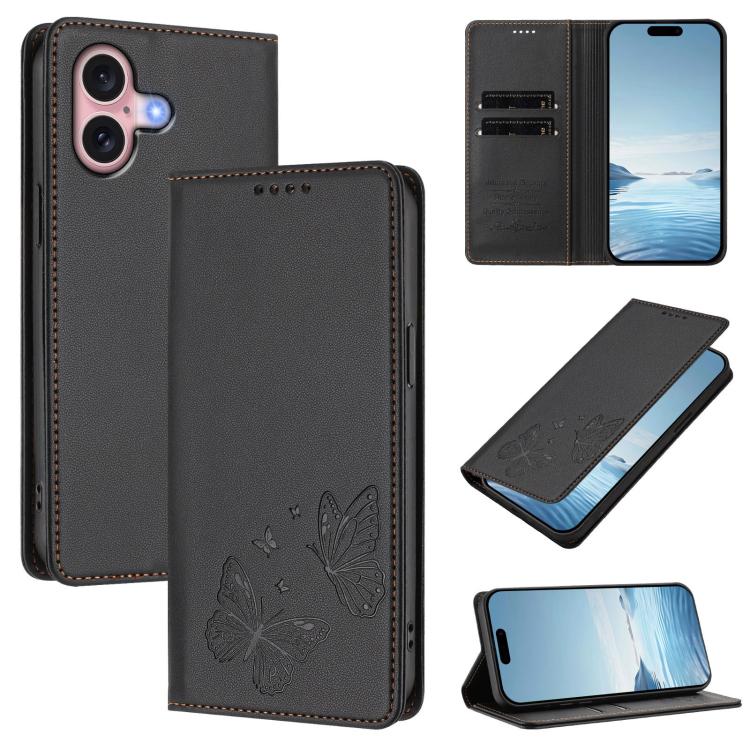 เคสโทรศัพท์หนังวีแกนแม่เหล็กคู่รูปผีเสื้อ RFID แข็งแรง สำหรับ iPhone 16, สำหรับ iPhone 15 Pro Max, สำหรับ iPhone 15 Pro, สำหรับ iPhone 15 Plus