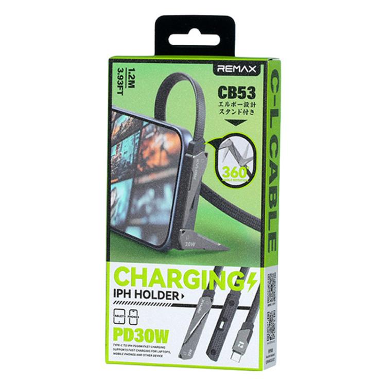 สายชาร์จข้อมูลถัก REMAX CB53 1.2 ม. PD30W Type-C ถึง 8 Pin พร้อมที่ยึดโทรศัพท์ ชาร์จเร็ว Type-C ถึง 8 Pin