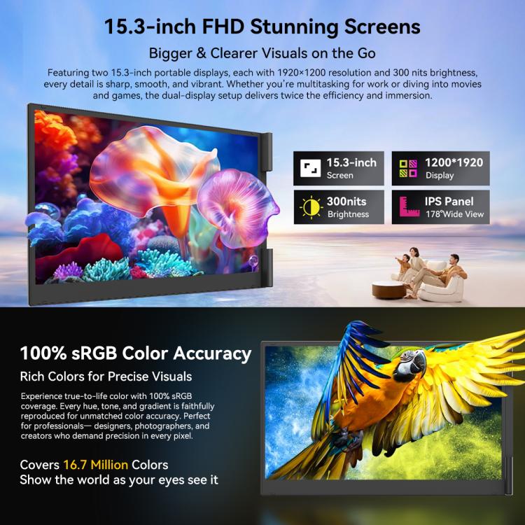 จอมอนิเตอร์ LCD พกพาแบบสองหน้าจอ Blackview DCM8 ขนาด 15.3 นิ้ว พร้อมขาตั้ง, รุ่น DCM8