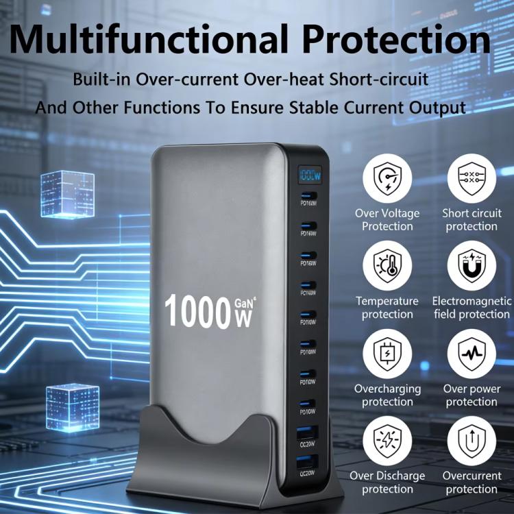 YMX-1000W ชาร์จมัลติฟังก์ชันดิจิทัล 1000W 8 พอร์ต Type-C และ 2 พอร์ต USB 10 พอร์ต ปลั๊ก AU, ปลั๊ก EU, ปลั๊ก UK, ปลั๊ก US