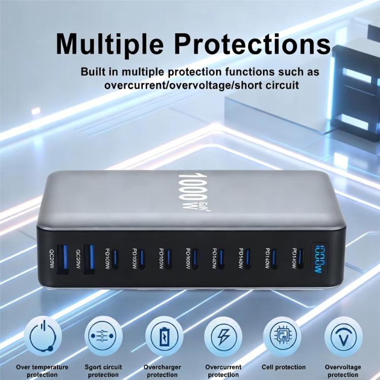 YMX-1000W ชาร์จมัลติฟังก์ชันดิจิทัล 1000W 8 พอร์ต Type-C และ 2 พอร์ต USB 10 พอร์ต ปลั๊ก AU, ปลั๊ก EU, ปลั๊ก UK, ปลั๊ก US