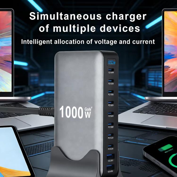YMX-1000W ชาร์จมัลติฟังก์ชันดิจิทัล 1000W 8 พอร์ต Type-C และ 2 พอร์ต USB 10 พอร์ต ปลั๊ก AU, ปลั๊ก EU, ปลั๊ก UK, ปลั๊ก US