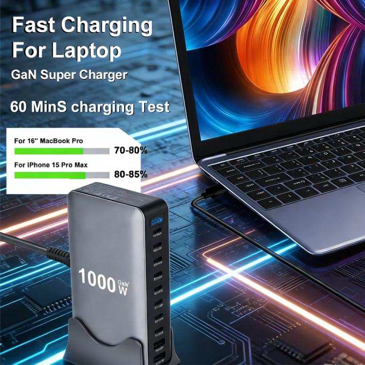 YMX-1000W ชาร์จมัลติฟังก์ชันดิจิทัล 1000W 8 พอร์ต Type-C และ 2 พอร์ต USB 10 พอร์ต ปลั๊ก AU, ปลั๊ก EU, ปลั๊ก UK, ปลั๊ก US