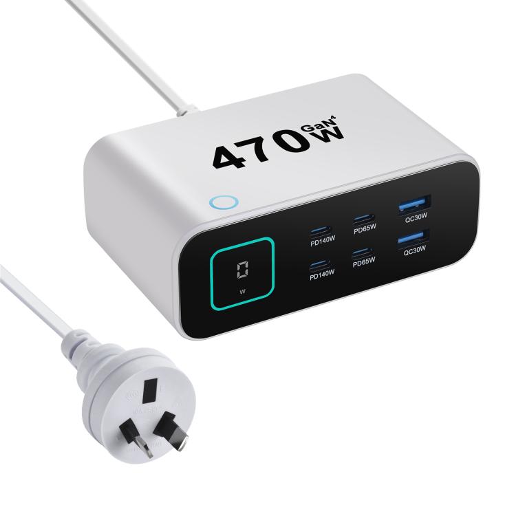 YMX-615-LCD470W ชาร์จมัลติฟังก์ชัน GaN 470W 4xType-C และ 2xUSB ปลั๊ก AU, ปลั๊ก EU, ปลั๊ก UK, ปลั๊ก US