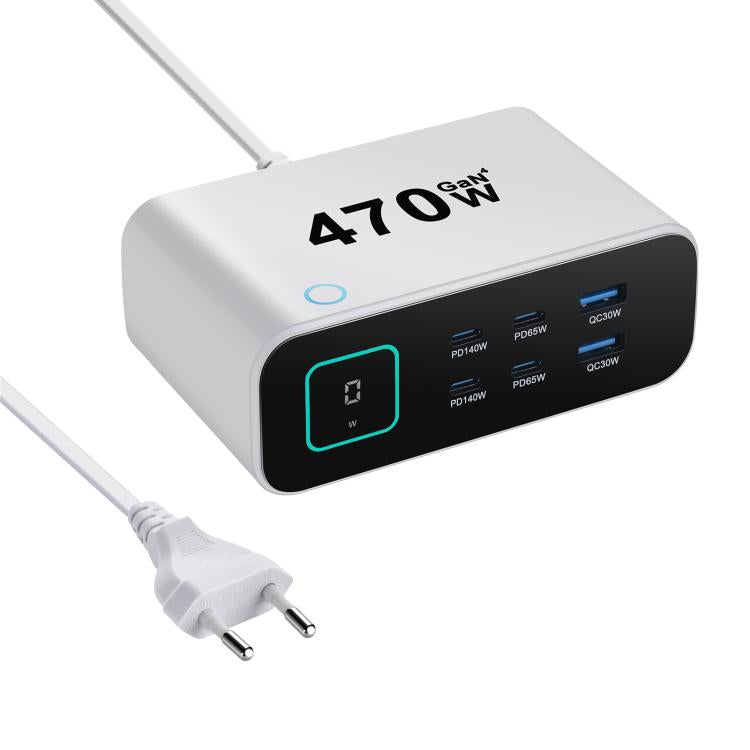 YMX-615-LCD470W ชาร์จมัลติฟังก์ชัน GaN 470W 4xType-C และ 2xUSB ปลั๊ก AU, ปลั๊ก EU, ปลั๊ก UK, ปลั๊ก US
