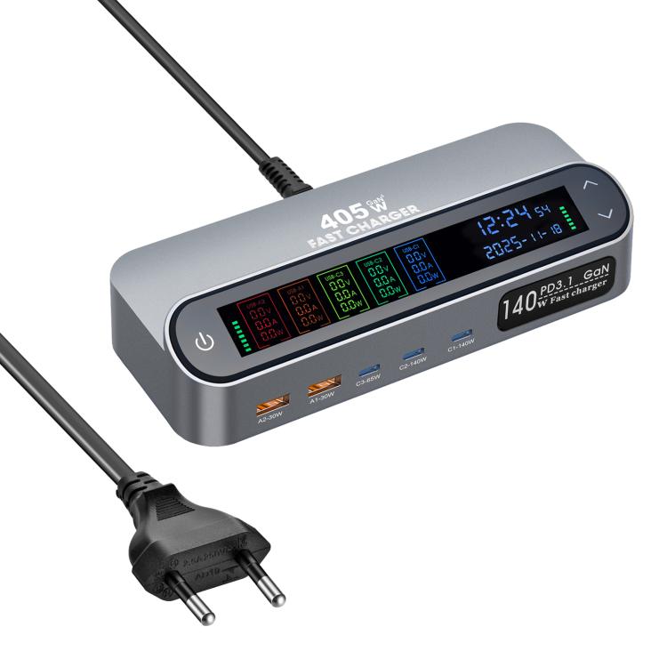 YMX-LCD405W ชาร์จมัลติฟังก์ชัน GaN 405W 3xType-C และ 2xUSB พร้อมจอดิจิทัลอัจฉริยะ ปลั๊ก AU, ปลั๊ก EU, ปลั๊ก UK, ปลั๊ก US