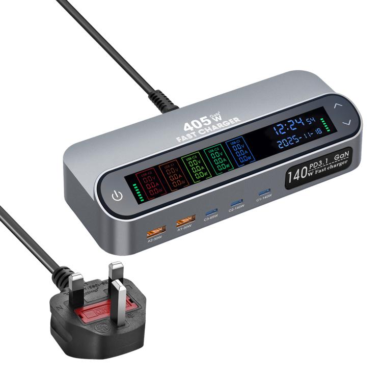 YMX-LCD405W ชาร์จมัลติฟังก์ชัน GaN 405W 3xType-C และ 2xUSB พร้อมจอดิจิทัลอัจฉริยะ ปลั๊ก AU, ปลั๊ก EU, ปลั๊ก UK, ปลั๊ก US