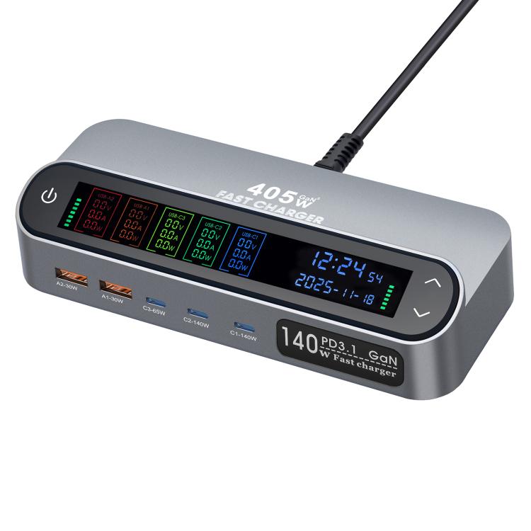 YMX-LCD405W ชาร์จมัลติฟังก์ชัน GaN 405W 3xType-C และ 2xUSB พร้อมจอดิจิทัลอัจฉริยะ ปลั๊ก AU, ปลั๊ก EU, ปลั๊ก UK, ปลั๊ก US
