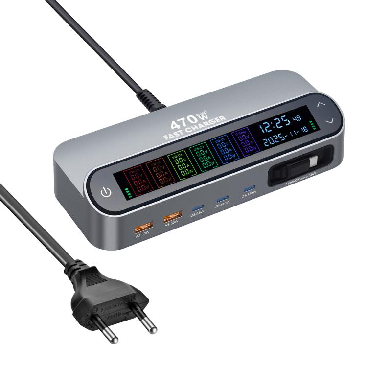 YMX-LCD470W ชาร์จมัลติฟังก์ชัน GaN 470W 3xType-C และ 2xUSB พร้อมจอดิจิทัลอัจฉริยะและสาย Type-C แบบเก็บได้ ปลั๊ก AU, ปลั๊ก EU, ปลั๊ก UK, ปลั๊ก US