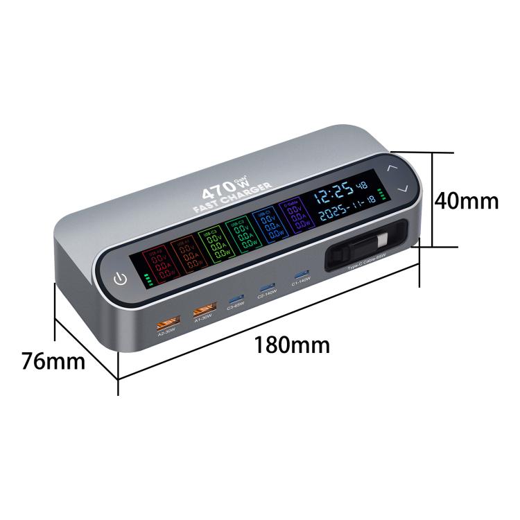 YMX-LCD470W ชาร์จมัลติฟังก์ชัน GaN 470W 3xType-C และ 2xUSB พร้อมจอดิจิทัลอัจฉริยะและสาย Type-C แบบเก็บได้ ปลั๊ก AU, ปลั๊ก EU, ปลั๊ก UK, ปลั๊ก US