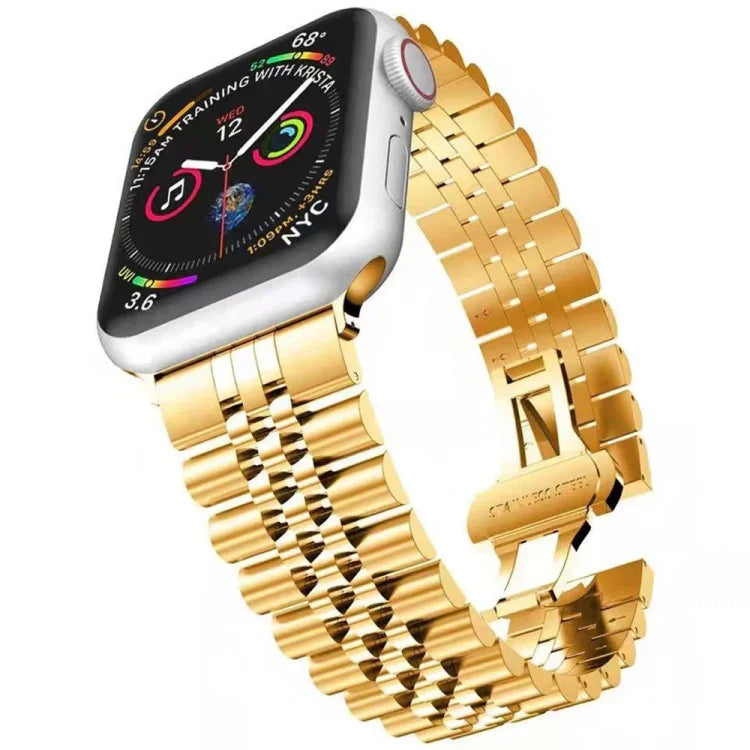 สายรัดข้อมือเหล็กแท้แบบห้าบาทสำหรับเปลี่ยน สำหรับ Apple Watch Ultra 49 มม. / Series 8&7 45 มม. / SE 2&6&SE&5&4 44 มม. / 3&2&1 42 มม., สำหรับ Apple Watch Series 8&7 41 มม. / SE 2&6&SE&5&4 40 มม. / 3&2&1 38 มม.