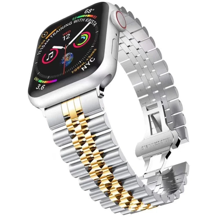 สายรัดข้อมือเหล็กแท้แบบห้าบาทสำหรับเปลี่ยน สำหรับ Apple Watch Ultra 49 มม. / Series 8&7 45 มม. / SE 2&6&SE&5&4 44 มม. / 3&2&1 42 มม., สำหรับ Apple Watch Series 8&7 41 มม. / SE 2&6&SE&5&4 40 มม. / 3&2&1 38 มม.