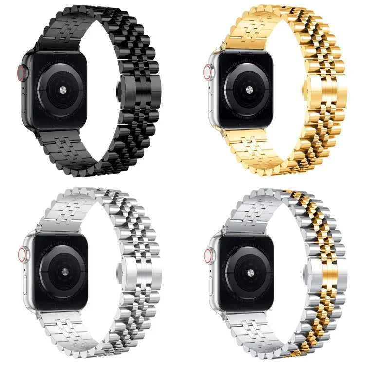สายรัดข้อมือเหล็กแท้แบบห้าบาทสำหรับเปลี่ยน สำหรับ Apple Watch Ultra 49 มม. / Series 8&7 45 มม. / SE 2&6&SE&5&4 44 มม. / 3&2&1 42 มม., สำหรับ Apple Watch Series 8&7 41 มม. / SE 2&6&SE&5&4 40 มม. / 3&2&1 38 มม.