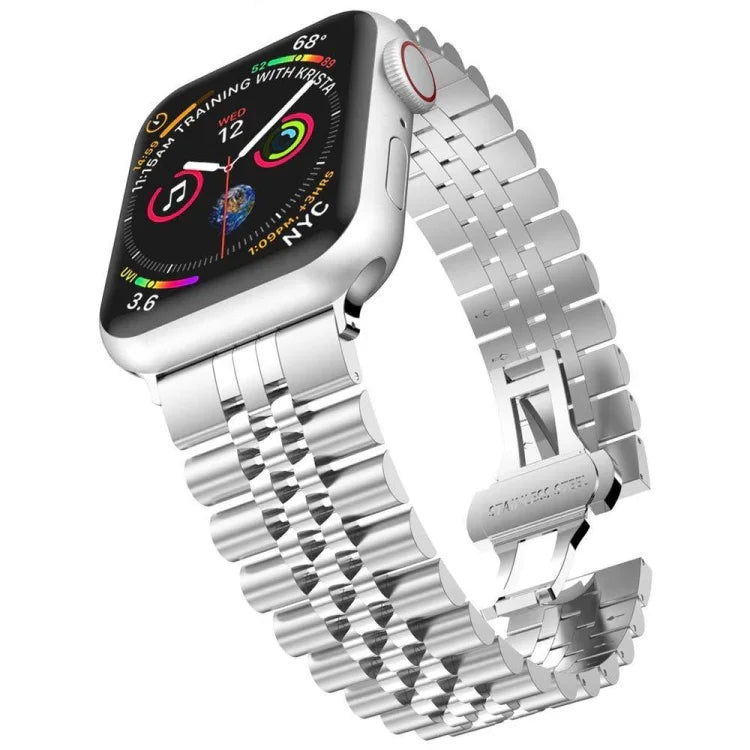 สายรัดข้อมือเหล็กแท้แบบห้าบาทสำหรับเปลี่ยน สำหรับ Apple Watch Ultra 49 มม. / Series 8&7 45 มม. / SE 2&6&SE&5&4 44 มม. / 3&2&1 42 มม., สำหรับ Apple Watch Series 8&7 41 มม. / SE 2&6&SE&5&4 40 มม. / 3&2&1 38 มม.