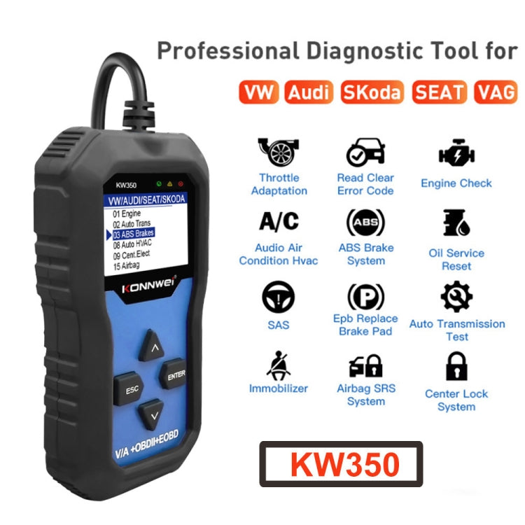 KONNWEI KW350 OBDII 12V Car Diagnostics Detector Scanner with 2 inch Black And White Display Screen V007 for Audi / Volkswagen, KW350