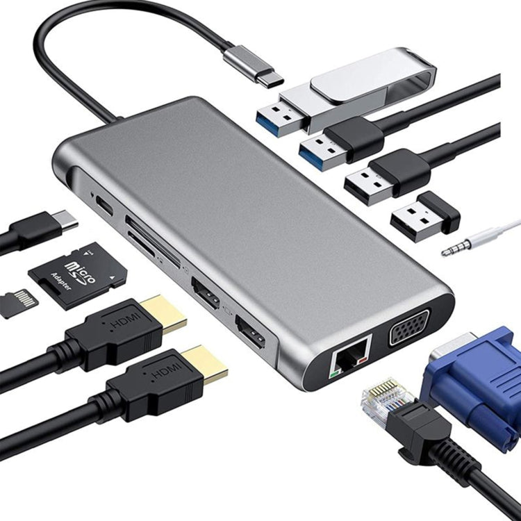 แท่นเชื่อมต่อ 12-in-1 HDMI x2 + USB3.0 + USB2.0 + ชาร์จ PD + VGA + RJ45 + แจ็ค 3.5 มม. + TF/SD x2 Type-C / USB-C
