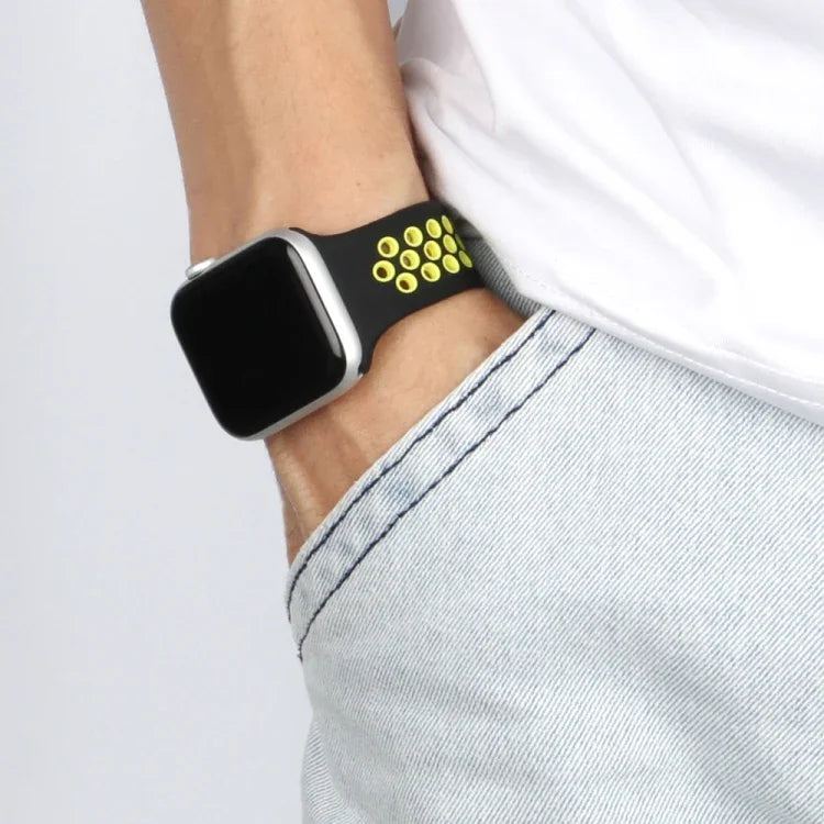 สายรัดนาฬิกาซิลิโคนยืดหยุ่น สำหรับ Apple Watch Series 6 & SE & 5 & 4 40mm / 3 & 2 & 1 38mm, 135mm (ดำ เหลือง), 135mm (ดำ เทา), 150mm (แดง ดำ)