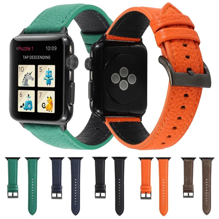 สายรัดข้อมือหนังแท้ลายลิ้นจี่ สำหรับ Apple Watch Series 6 & SE & 5 & 4 44mm / 3 & 2 & 1 42mm, สำหรับ Apple Watch Series 7 45mm / 6 & SE & 5 & 4 44mm / 3 & 2 & 1 42mm