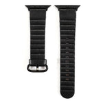 Black leather Apple Watch replacement strap with iron buckle, adjustable and comfortable for various models.