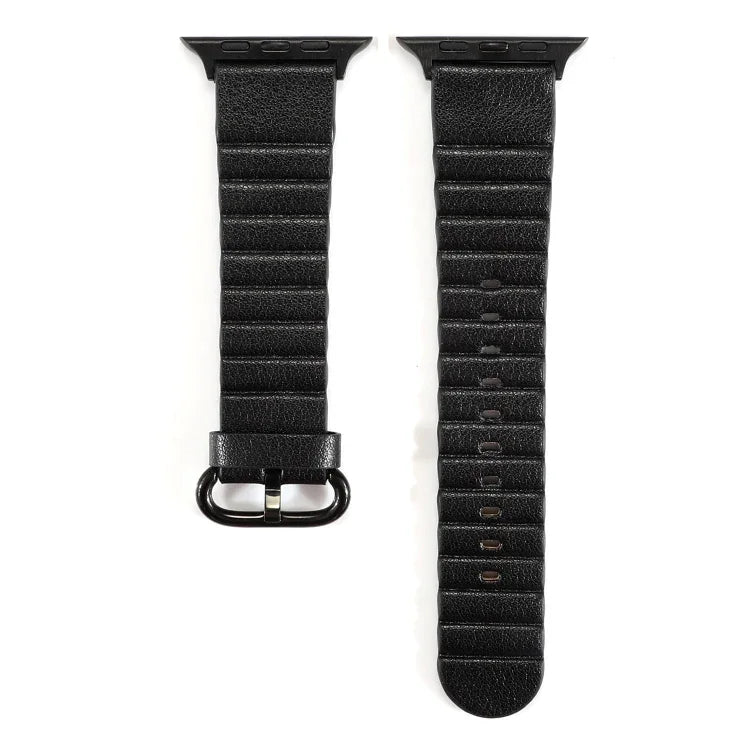 Black leather Apple Watch replacement strap with iron buckle, adjustable and comfortable for various models.