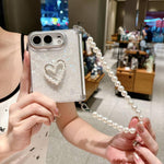Side Buckle Shell Pattern Heart Phone Case with Beaded Strap, For iPhone Duo