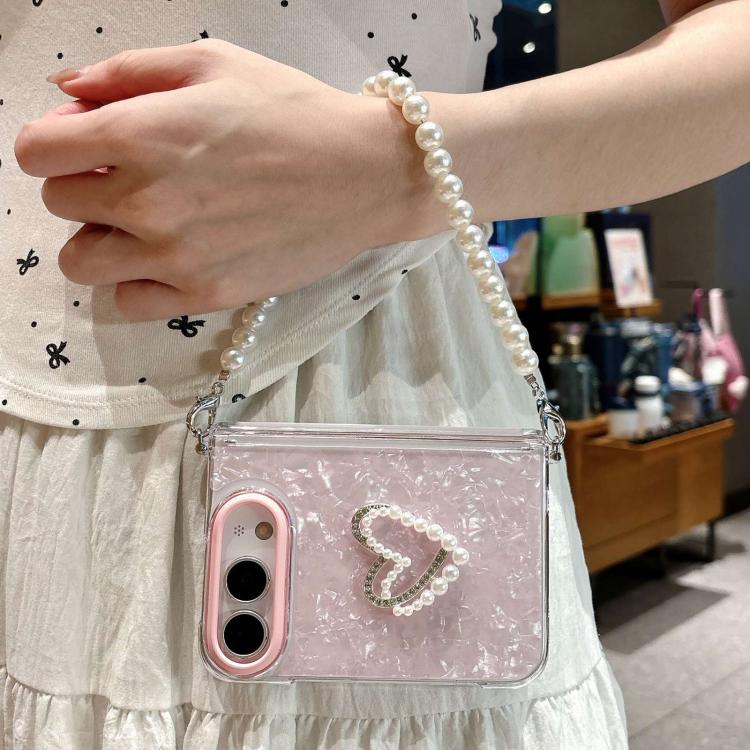 Side Buckle Shell Pattern Heart Phone Case with Beaded Strap, For iPhone Duo