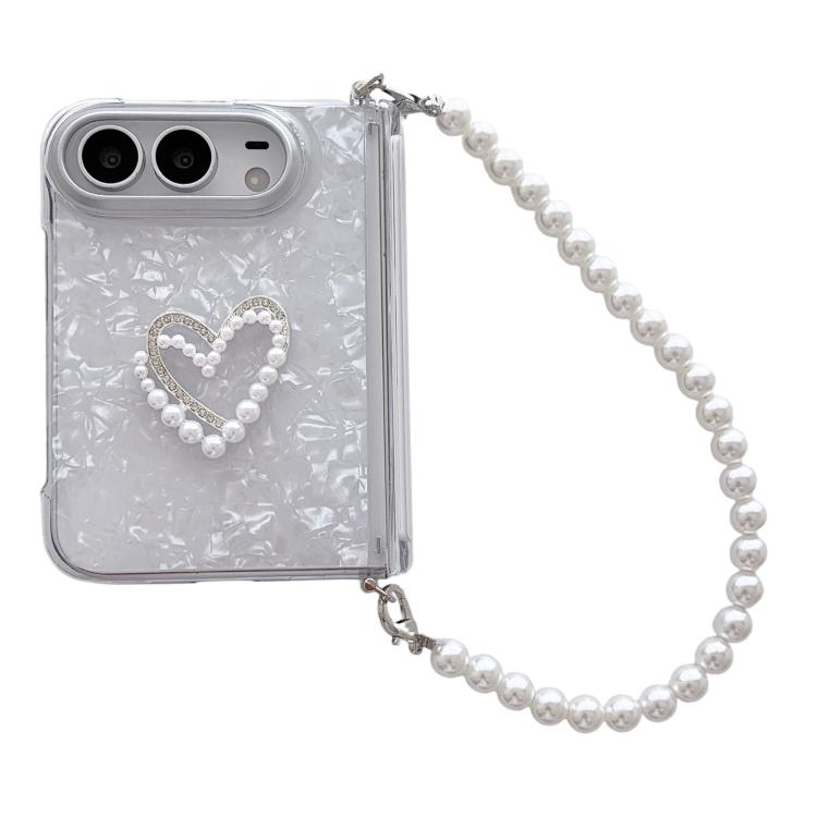 Side Buckle Shell Pattern Heart Phone Case with Beaded Strap, For iPhone Duo