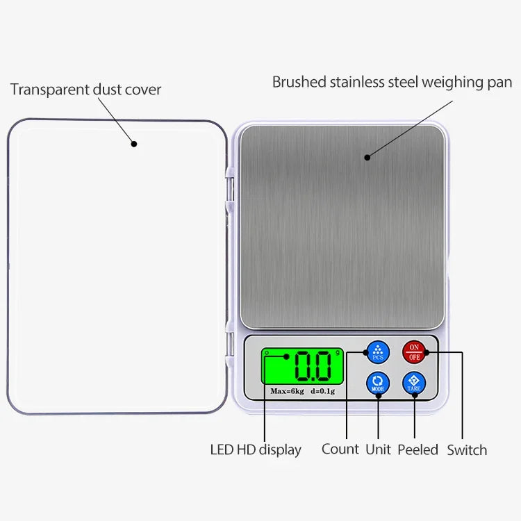 MH-555 เครื่องชั่งดิจิตอลพกพาความแม่นยำสูง 6 กก. x 0.1 กรัม พร้อมหน้าจอ LCD ขนาด 2.2 นิ้ว, 6000g/0.1g