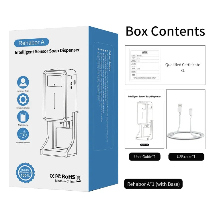 เครื่องวัดอุณหภูมิแบบไม่สัมผัส Rehabor A พร้อมเซ็นเซอร์วัดระยะและแสง + เครื่องจ่ายสบู่เหลวอัตโนมัติ 450 มล. พร้อมฐานติดตั้ง, Rehabor A