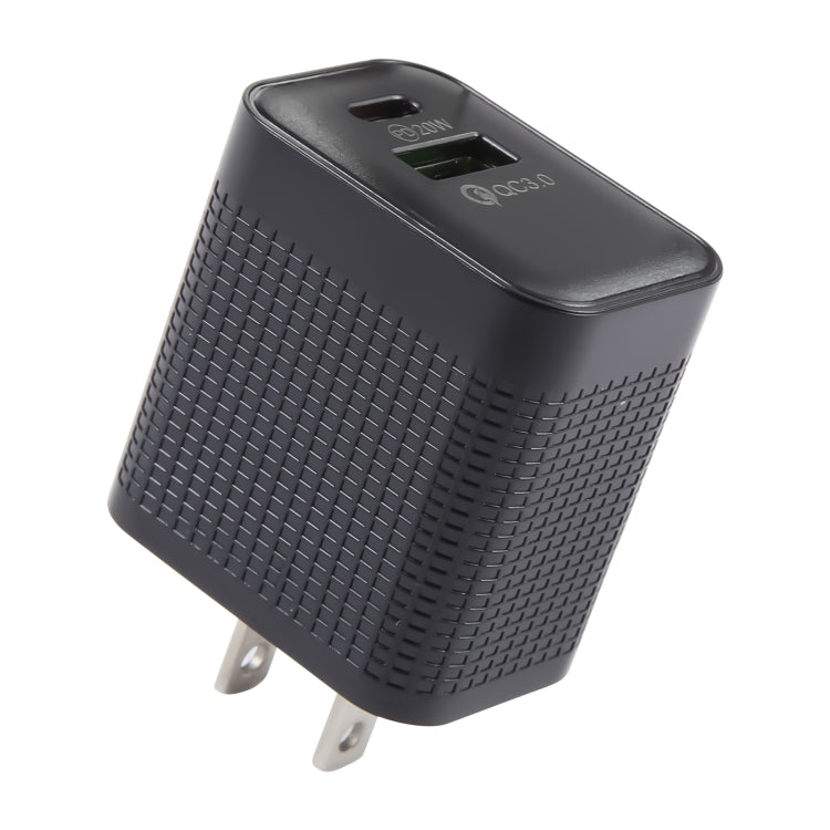 อะแดปเตอร์ชาร์จไฟเดินทาง PD 20W USB-C/Type-C + QC 3.0 USB ลายตาราง ปลั๊ก US (สีดำ)