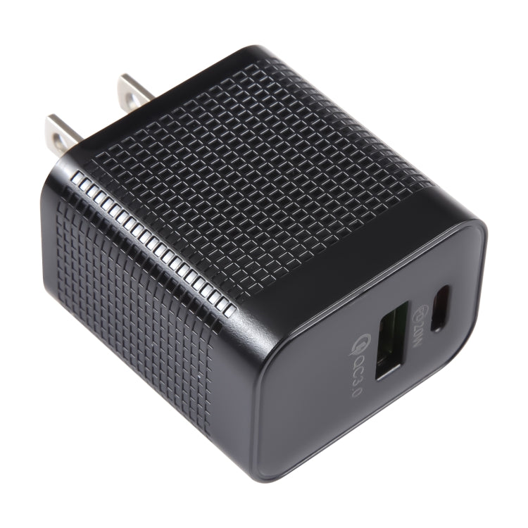อะแดปเตอร์ชาร์จไฟเดินทาง PD 20W USB-C/Type-C + QC 3.0 USB ลายตาราง ปลั๊ก US (สีดำ)