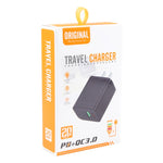 อะแดปเตอร์ชาร์จไฟเดินทาง PD 20W USB-C/Type-C + QC 3.0 USB ลายตาราง ปลั๊ก US (สีดำ)