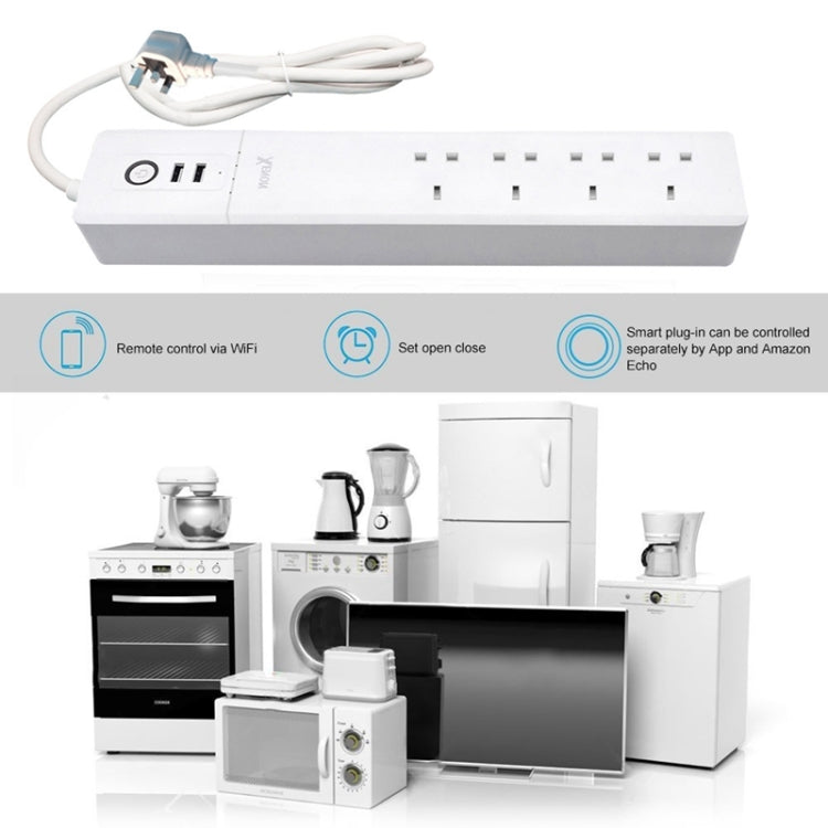 ปลั๊กไฟอัจฉริยะ WiFi พร้อมพอร์ต USB 2 ช่อง + ปลั๊ก UK 4 ช่อง ควบคุมระยะไกล ใช้งานร่วมกับ Alexa และ Google Home ความยาวสาย: 1.8 ม., AC 90-265V, ปลั๊ก UK, 4xUSB + 3xปลั๊ก UK (ปลั๊ก UK)