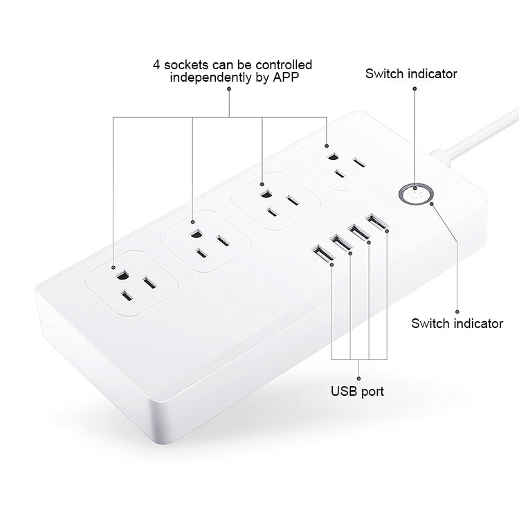 ปลั๊กไฟอัจฉริยะ WiFi พร้อมพอร์ต USB 4 ช่อง + ปลั๊ก US 4 ช่อง ควบคุมระยะไกล ใช้งานร่วมกับ Alexa และ Google Home, AC 110-240V, ปลั๊ก US, 4xUSB + 4xปลั๊ก US (ปลั๊ก US)