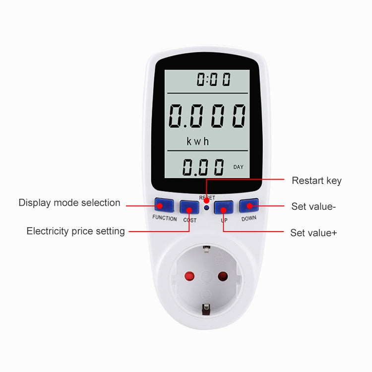 มิเตอร์วัดพลังงานแสดงผล LCD AC 230V 50Hz สูงสุด 16A วัตต์ โวลต์ แรงดันไฟฟ้า วิเคราะห์พลังงาน อัตโนมัติ พร้อมปลั๊ก EU, AC 230V ปลั๊ก EU