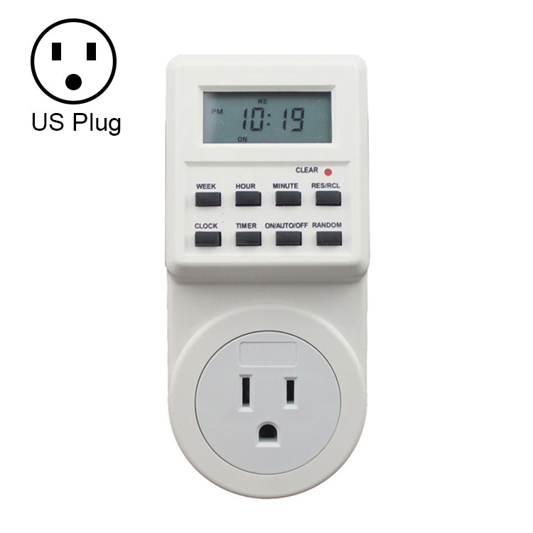 ปลั๊กบ้านอัจฉริยะ AC 120V พร้อมจอ LCD แสดงนาฬิกา ฟังก์ชันเวลาในฤดูร้อน ปรับเปลี่ยนเวลา 12/24 ชั่วโมง พร้อมสวิตช์ตั้งเวลา ปลั๊ก US, AC 120V ปลั๊ก US