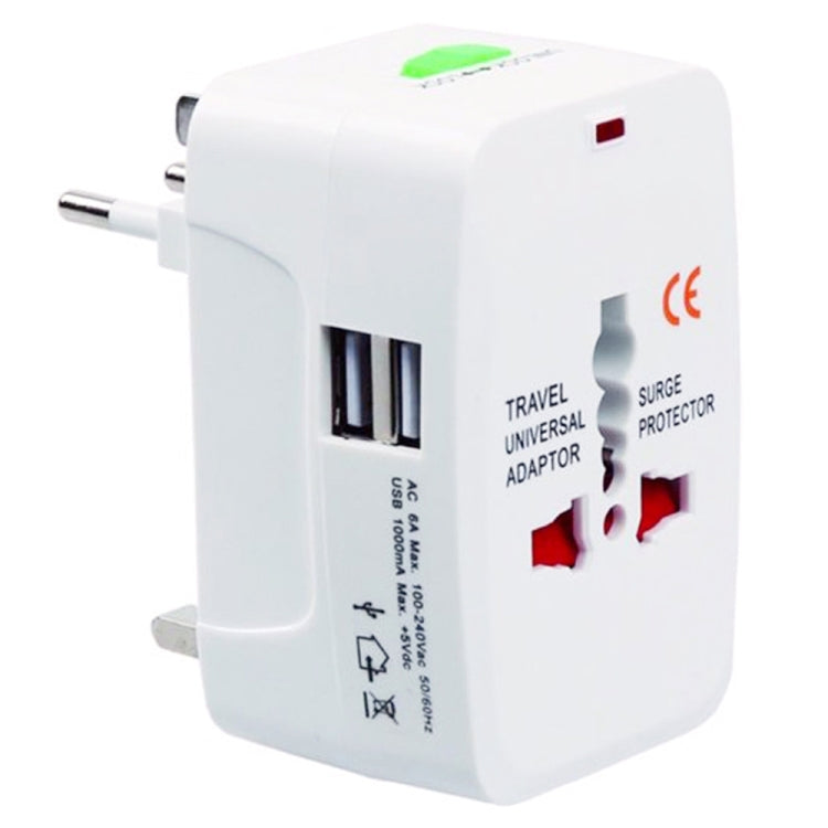 อะแดปเตอร์แปลงไฟเดินทางอเนกประสงค์ 110-250V พร้อมช่อง USB คู่, ปลั๊กยุโรป / สหราชอาณาจักร / สหรัฐอเมริกา / ออสเตรเลีย