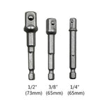 ชุดบาร์ต่อบิตซ็อกเก็ต 3 ชิ้น พร้อมอะแดปเตอร์ก้านหกเหลี่ยม สำหรับสว่านไฟฟ้า ขนาด 1/4, 3/8, 1/2 นิ้ว, ความยาว:65-73mm