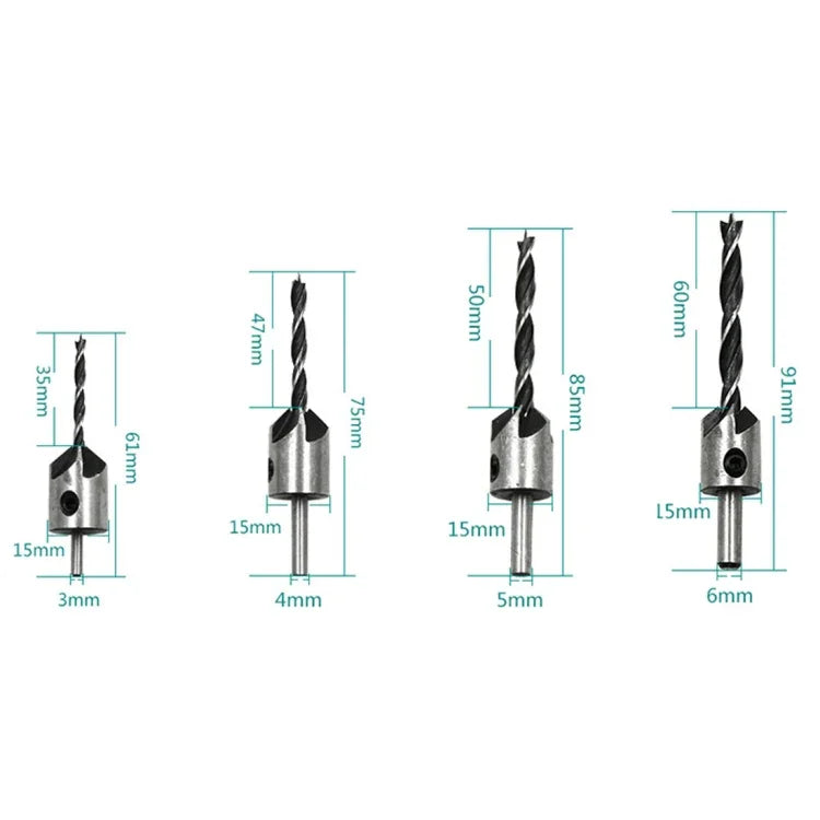 ชุดดอกสว่านไม้ 4 in 1 แบบเจาะรูเฉียงสามแฉก เหล็กความเร็วสูง ขนาด 3-6mm 4 ชิ้นต่อชุด