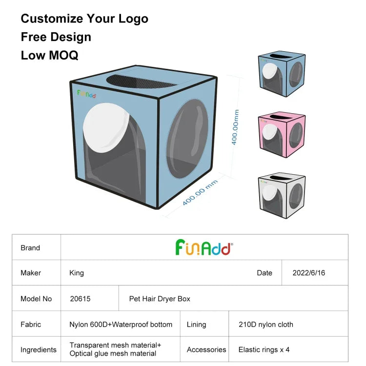 กล่องเป่าผมแห้งสำหรับสัตว์เลี้ยง FUNADD แบบพับได้ พกพาสะดวก เหมาะสำหรับสัตว์เลี้ยงน้ำหนักไม่เกิน 5กก., กรงเป่าผมแบบพับได้