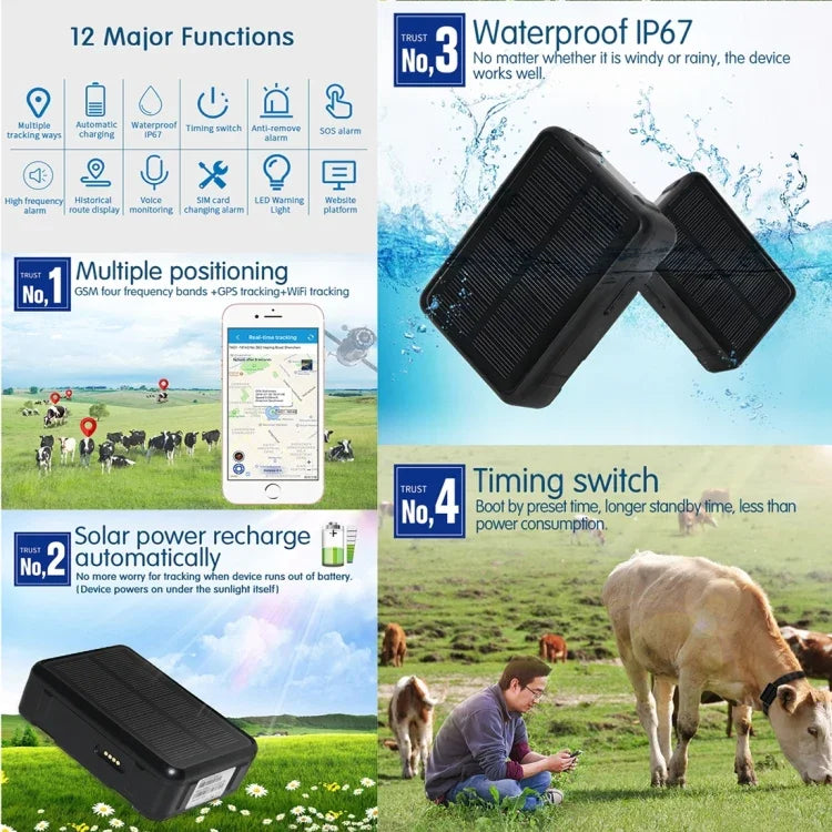 RF-V34 เครื่องติดตามโค แกะ วัว สัตว์เลี้ยง IP67 กันน้ำ โซลาร์เซลล์ GSM GPS WiFi ไม่มีก้นแผ่นติดตั้ง รองรับการตรวจสอบเสียง & สัญญาณเตือนถอดออก & SOS, GPS WiFi ติดตาม