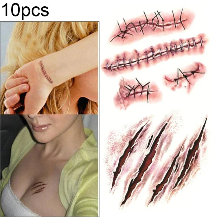 10 ชิ้น S-165 สติ๊กเกอร์รอยสักชั่วคราวรอยขีดข่วนแผลบาดเจ็บสมจริงสำหรับฮาโลวีน S-165/10 ชิ้น