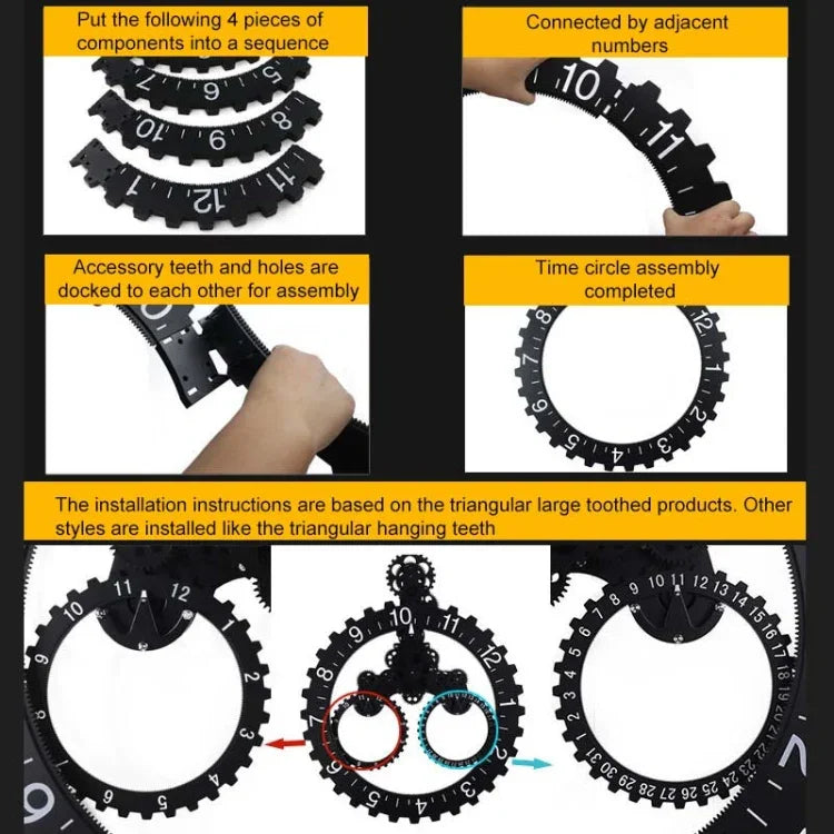 Home Simple European Style Triangular Mechanical Gears Wall Clock, Black