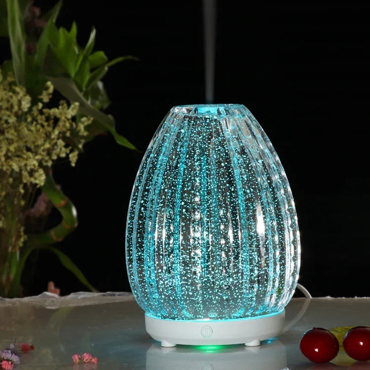 เครื่องทำความชื้นอโรมา 3D รูปแจกันสร้างสรรค์ 100ml พร้อมสเปรย์แอลกอฮอล์อัตโนมัติและไฟ LED สีสันสดใส, เครื่องทำความชื้นแก้ว 3D