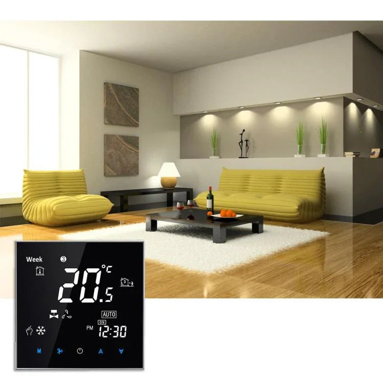 BAC-2000 เครื่องปรับอากาศแบบกลาง ระบบสัมผัส LCD ดิจิทัล หน่วยพัดลมคอยล์ 2 ท่อ เทอร์โมสตัทห้อง แสดงความเร็วพัดลม / นาฬิกา / อุณหภูมิ / เวลา / สัปดาห์ / ความร้อน ฯลฯ, BAC-2000 (สีดำ), BAC-2000 (สีขาว)