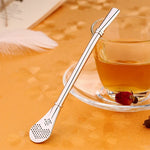 หลอดดูดน้ำกรองใบชาแบบสแตนเลส พร้อมช้อนคนกาแฟสำหรับชา สมุนไพร น้ำผลไม้