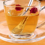 หลอดดูดน้ำกรองใบชาแบบสแตนเลส พร้อมช้อนคนกาแฟสำหรับชา สมุนไพร น้ำผลไม้