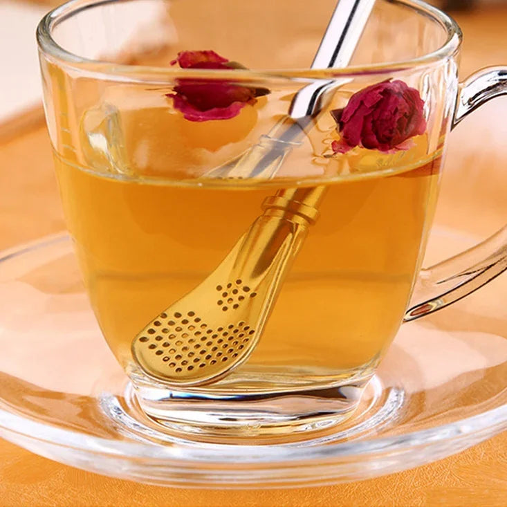หลอดดูดน้ำกรองใบชาแบบสแตนเลส พร้อมช้อนคนกาแฟสำหรับชา สมุนไพร น้ำผลไม้