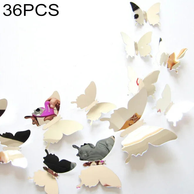 สติ๊กเกอร์ติดผนังผีเสื้อ PC 3D ผิวกระจก 36 ชิ้น สำหรับตกแต่งบ้าน, สติ๊กเกอร์ติดผนังผีเสื้อ 2